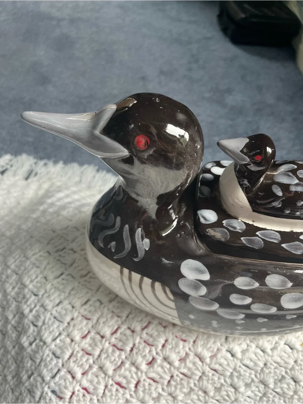 Ceramic mother Loon with duckling Cookie Jar - Black, Brown. White, neutrals
